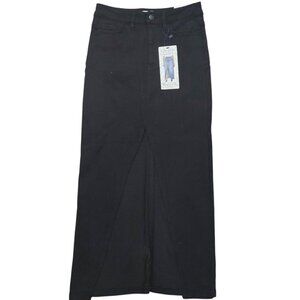 Thread & Others Black Denim Midi Skirt Women’s Size S Low Waist Front Slit Stret